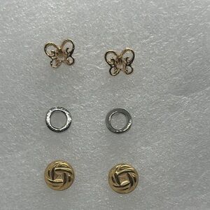 3 Pair Stud Earring Set - Butterfly, Minimalist, Woven - Gold, Silver, Black